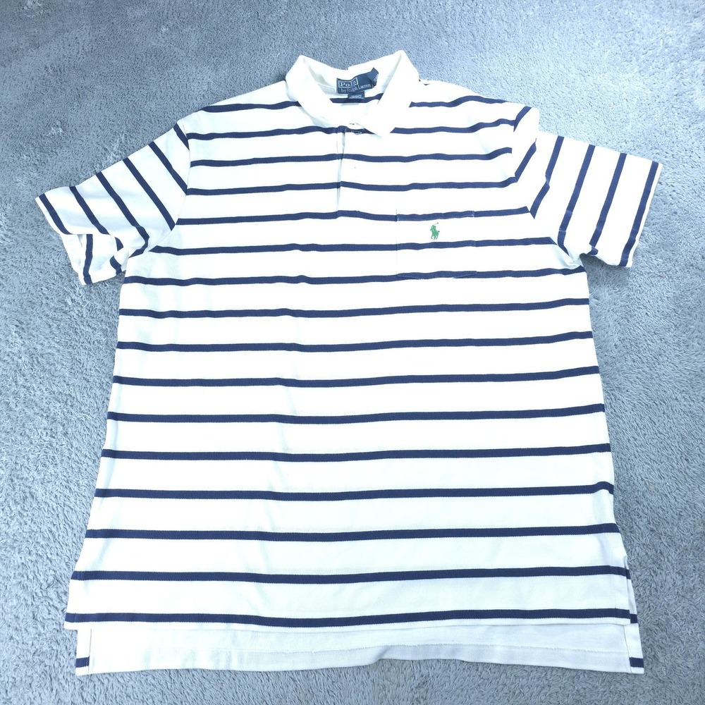 Polo Ralph Lauren Polo Shirt Mens 2XL White Navy Striped Pocket Cotton Casual